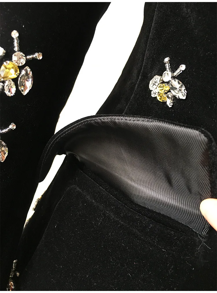 elegant Top women coats Designer Fashion Bees Beading diamond Long Blazers Notched Black Velvet Slim suit jacket Plus Size