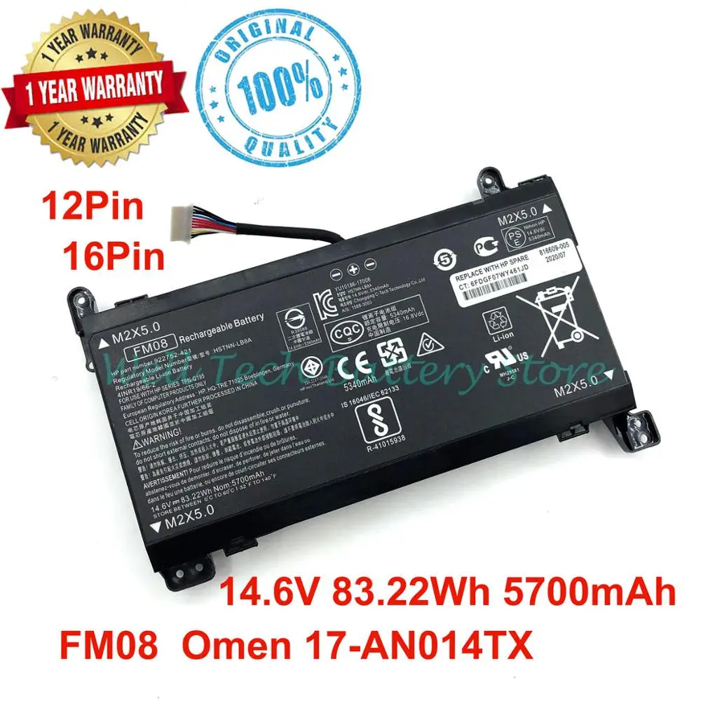 Batterie d'origine pour ordinateur portable 14.6V tric22Wh FM08 pour HP OMEN 17-an013TX 17-an014TX TPN-Q195 HSTNN-LB8B