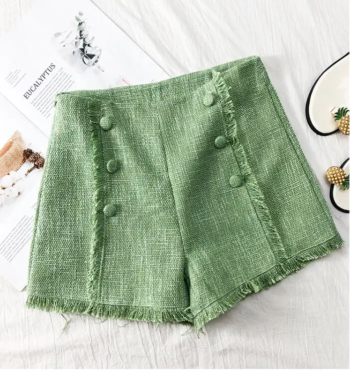 Green Широкие шорты с кисточками, осень, женские модные двубортные шорты с высокой талией, шорты трапециевидной формы для девушек - Color: Green