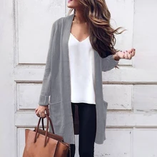 Вязаное пальто, женское Свободное длинное пальто с карманом, новинка, весенне-осенний свитер, кардиган, Женский повседневный жакет размера плюс