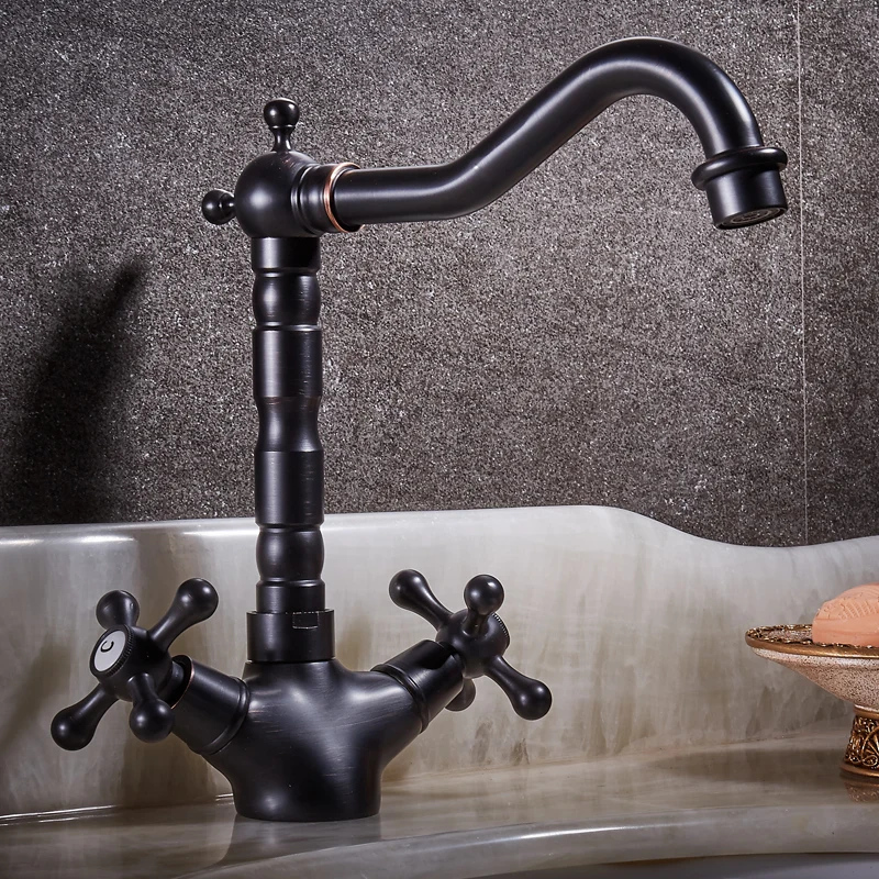 

Basin Faucets Black Antique Brass Double Cross Handle Bathroom Sink Faucet Tall Swivel Spout Bathbasin Vanity Mixer Taps 6712R