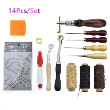 

14pcs/set Leather Craft Tools Kit Hand Sewing Stitching Punch Carving Work Thread Awl Waxed Thimble Kit Saddle Leathercraft Tool