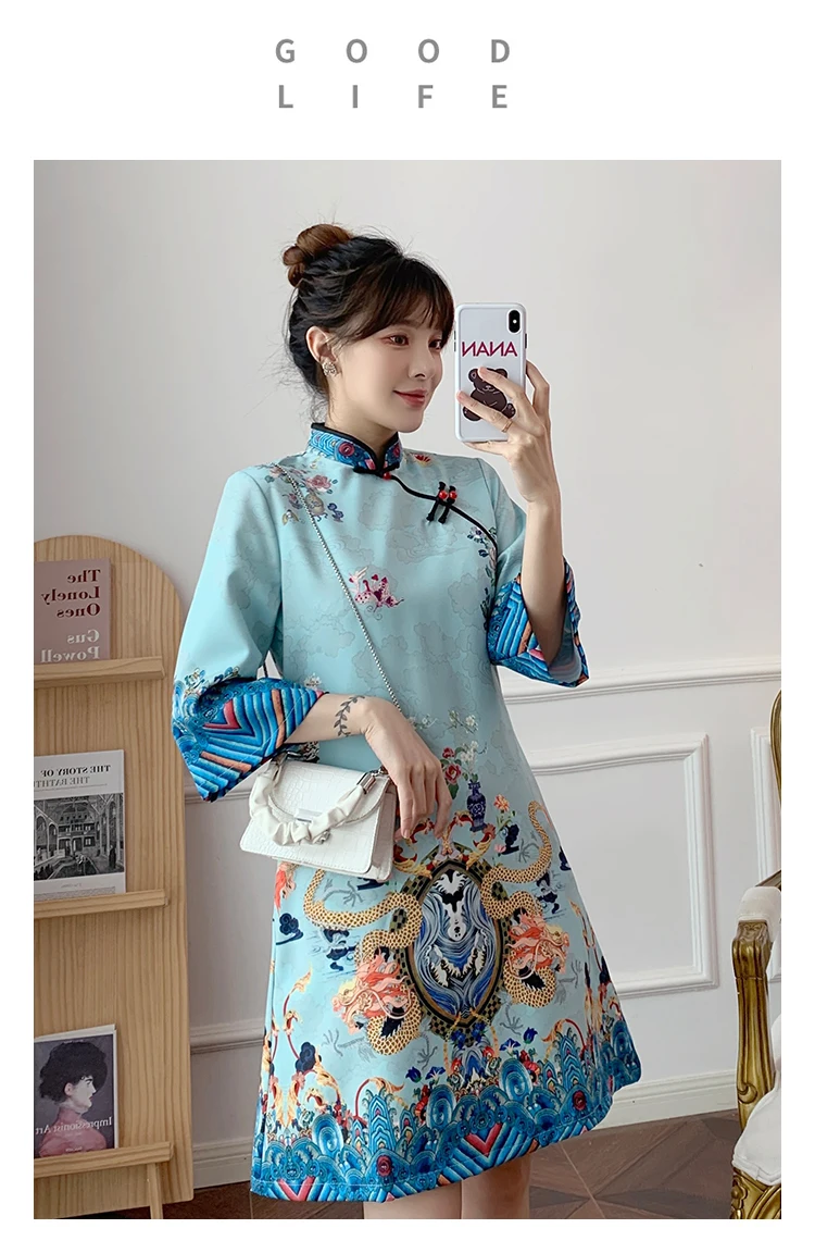 Ins Red Blue Loose New Fashion Modern Chinese Cheongsam A-line Dress Women  3/4 Sleeve Qipao Traditional Chinese Clothes Red Cheongsam4