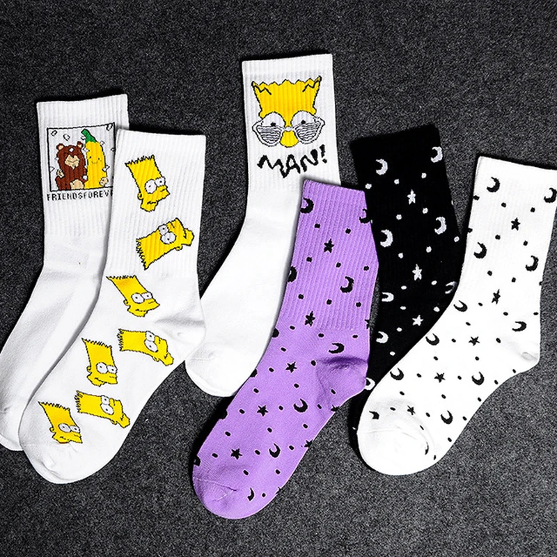 Звезды Луна забавная печать Sox корейский женский хлопок скейтборд, уличная мода хип хоп носки унисекс harajuku Calcetines трубка sokken