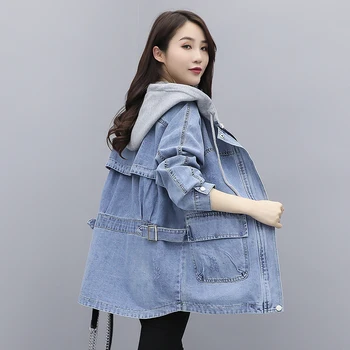 

2020 Woman Hooded Denim Jacket Women Autumn Winter New Loose Net Red Mid-Length Denim Clothes