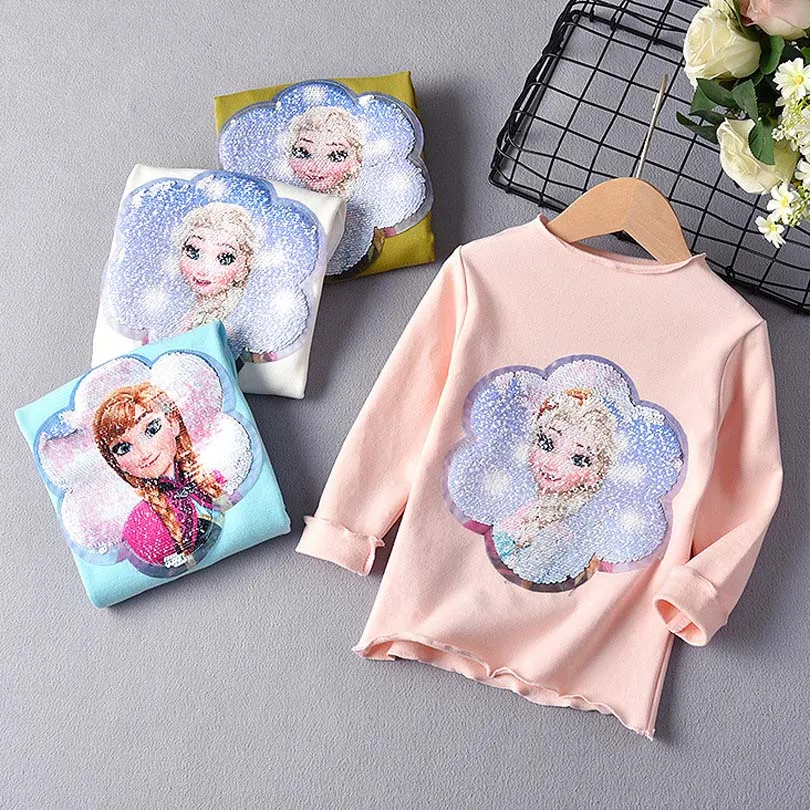 Осенне-осенняя футболка принцессы для девочек Детские хлопковые футболки с изображением Эльзы; зимняя Футболка с принтом детская одежда с изображением Анны для дня рождения; футболка