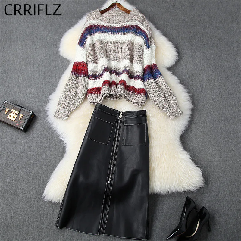 

Autumn Winter Women Set Full Sleeve Rotator Cuff Striped Sweater Black PU Slim Skirt 2 Piece Set Women Fashion Skirt Set