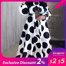 Большого размера плюс 5XL, свободный, контрастный цвет, в горошек, длина до пола, макси платье, высокая талия, рукав-фонарик, элегантное, ретро, Африканское