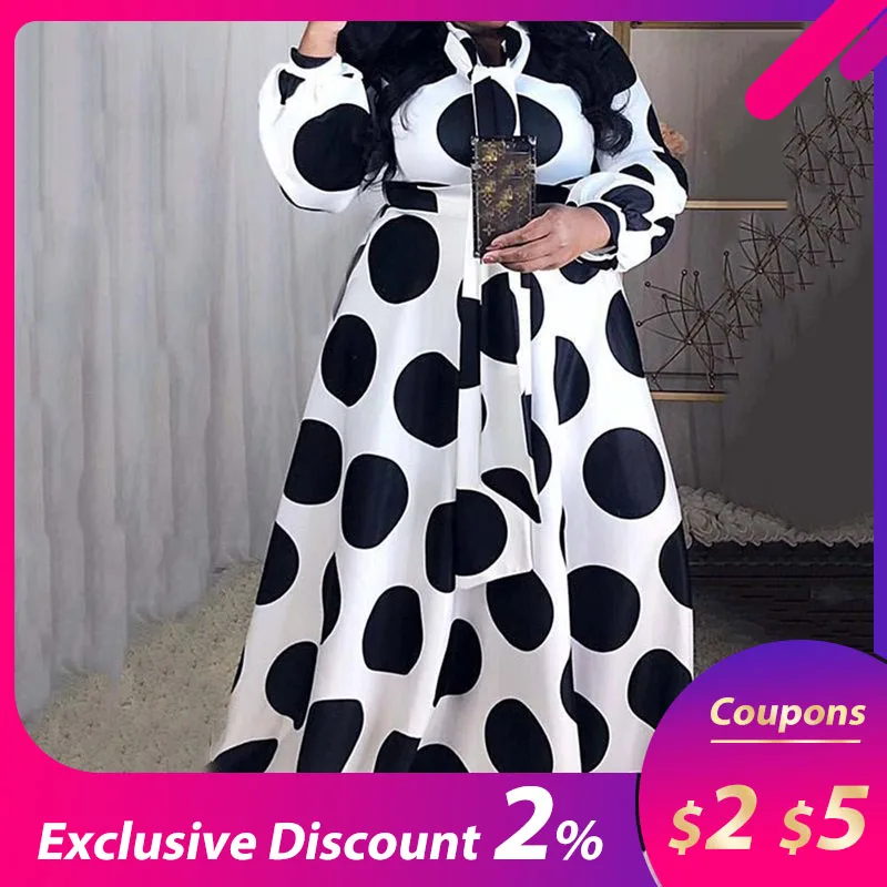 

Plus Size 5XL Oversized Loose Contrast Color Dot Printed Floor-Length Maxi Dress High Waist Lantern Sleeve Elegant Retro African