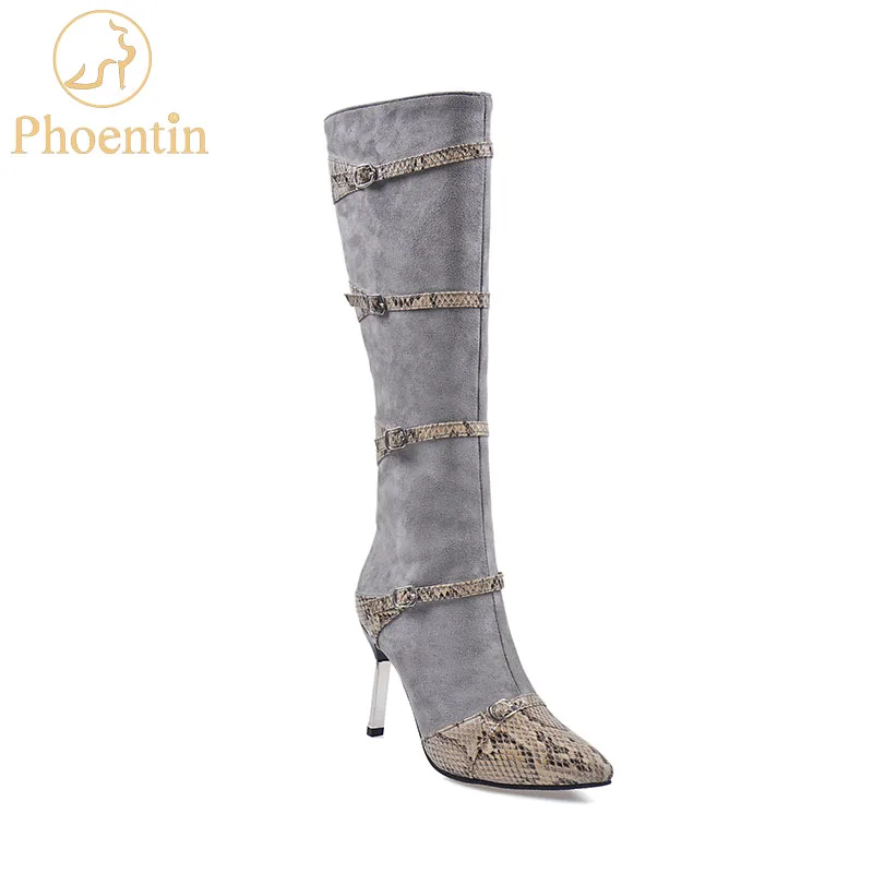 

Phoentin thin high heel booties 2019 snake printed knee high boots pointy shoes female sexy buckle narrow band large size FT779