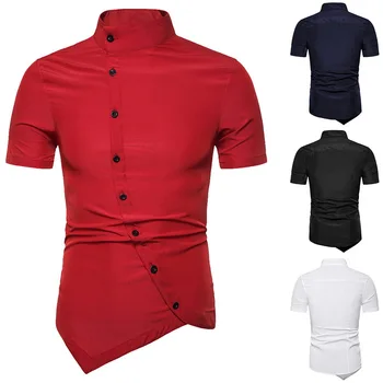 

New Summer Fashion Short Sleeve Shirt Trend Oblique Button Irregular Casual Bussiness Shirt Men Slim Fit Button Shirt