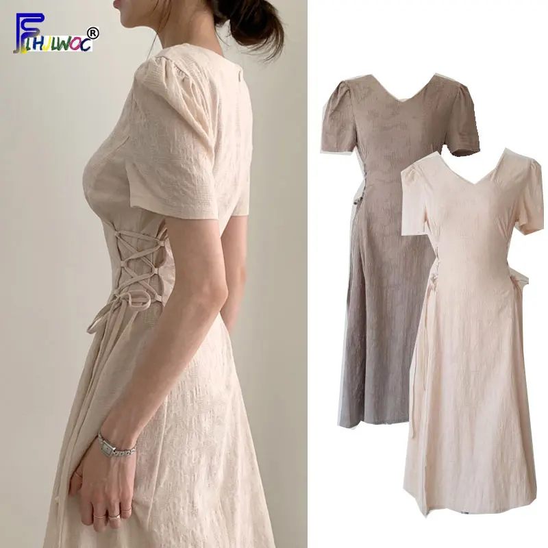 

Women Summer Dresses Long Korea Japan Style Design Ribbon Bow Tie Waist A Line Cotton Linen Vintage Dress 7326