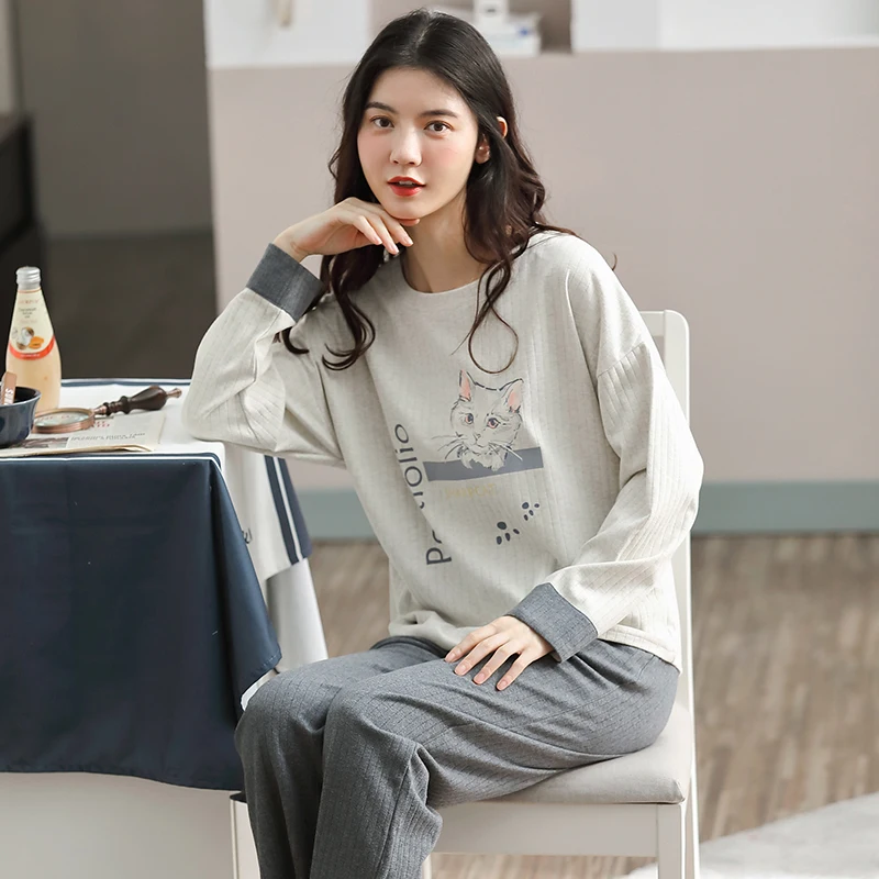 

New Lady's Pajamas Long Sleeve Autumn And Winter O-Neck Pure Cotton Warm Sleepwear For Women Girl's Nightdress