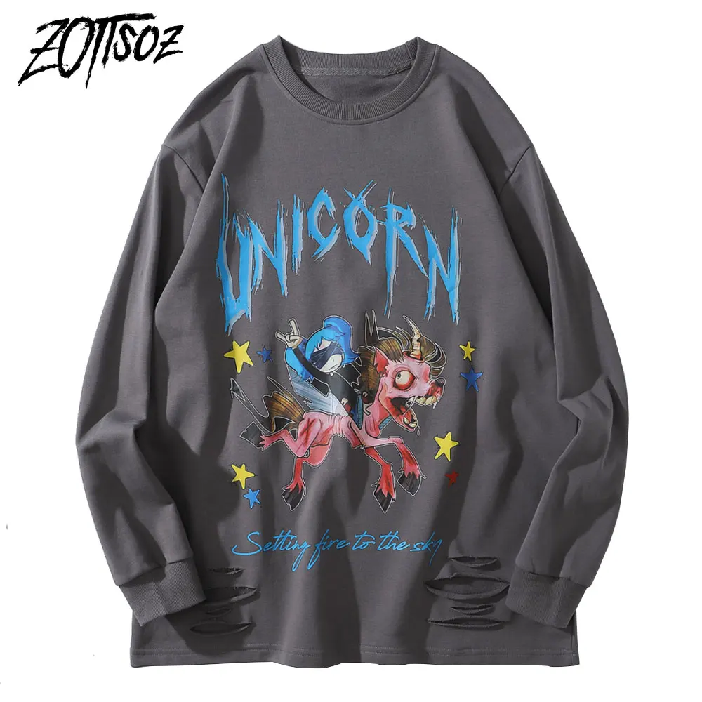 

Gothic Sweatshirts Harajuku Japanese Style Anime Cartoon Girl Unicorn Distressed Destroyed Holes Hoodies Hip Hop Men Women Tops