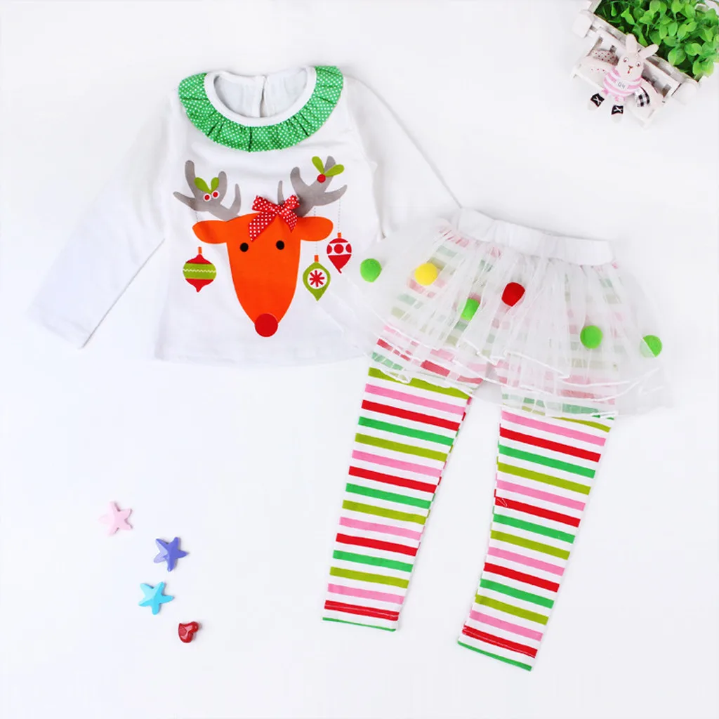 Kids Baby Girl Christmas Outfits Set Deer T Shirt Tops Striped Tulle Tutu Pants Toddler Girl Christmas Clothes Outfits Set