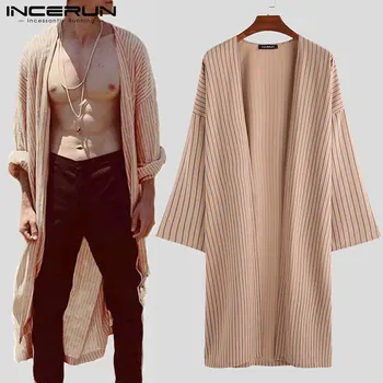 

Men Cardigan Striped Long Sleeve Loose Casual Vintage Trench Cloak Mens Jackets Streetwear Longline Outerwear Coats 2020 INCERUN