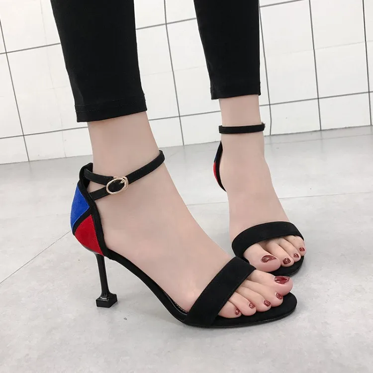 

Summer Spool Heels Straight-line Buckle Cat with Suede Sandals Women's Mixed Colors Peep-Toe Korean-style High-Heel WOMEN'S Shoe
