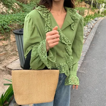 

ZOSOL 2020 New Style Korean-style Lace Joint Fold-down Collar Short Loose-Fit Versatile Shirt Crochet Shirt