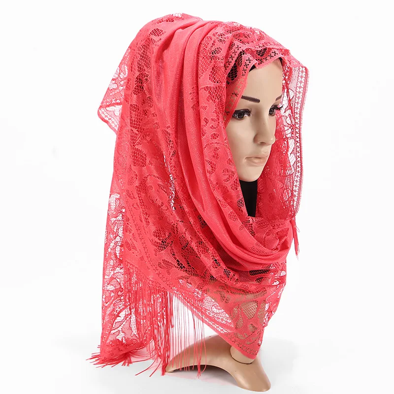 60*170 см женский кружевной шарф с кисточками хиджаб однотонный шаль на голову мусульманские полые длинные Хиджабы шарфы/шарф