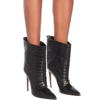 

Winter Fashion Women Boots Pointed Toe Snake Print Mid-Calf boots 10CM Heel High Heels Shoes Woman Autumn Female Loose Boots