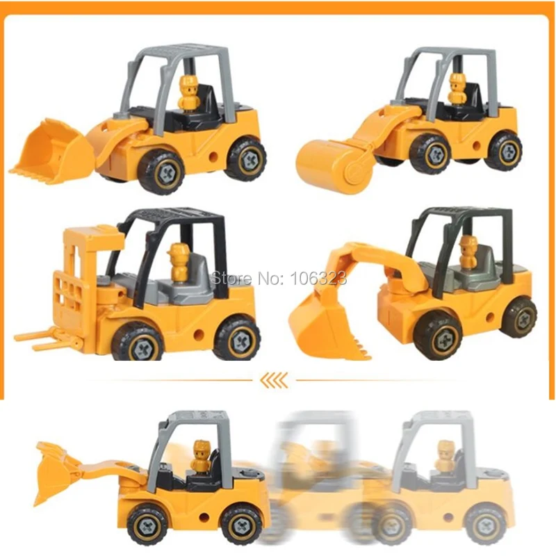 4pcs Glissade Construction Vehicle Toy, Excavator Machine with Disassembly Assembly  Tool: Digger+Bulldozer+Forklift+Road Roller