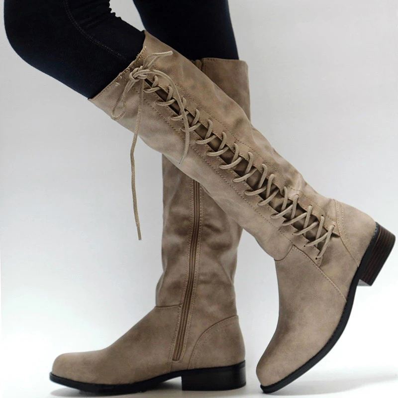 Fashion High Boots Women Sexy Knee-high Boots Lace Up Shoes Woman Flat Heel Winter Boots Motocycle Boots Female Botas Mujer - Цвет: Beige