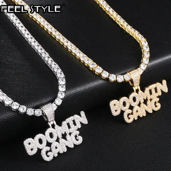 

Micro Paved CZ Bling Iced Out BOOMIN GANG Letters Necklaces & Pendant For Men Hip Hop Rapper Jewelry