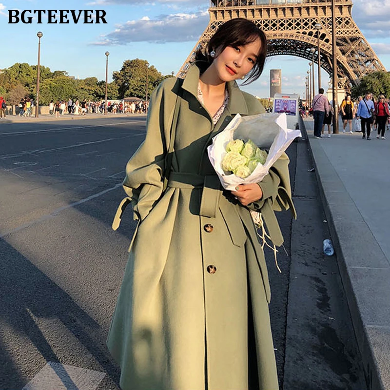 BGTEEVER Winter Thick Female Woolen Coats Turn-down Collar Single-breasted Pocket Belted Women Blend Coats Women Long Coat