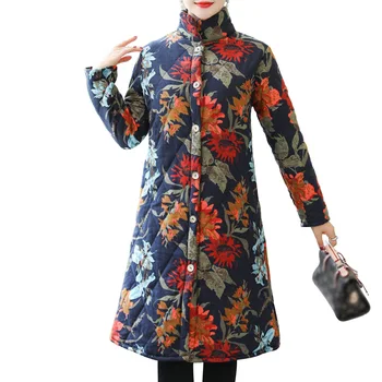 

Soft Stand Collar Daily Over Knee Thicken Long Sleeve Casual Shopping Women Coat Floral Printed Ethnic Autumn Winter Warm Button
