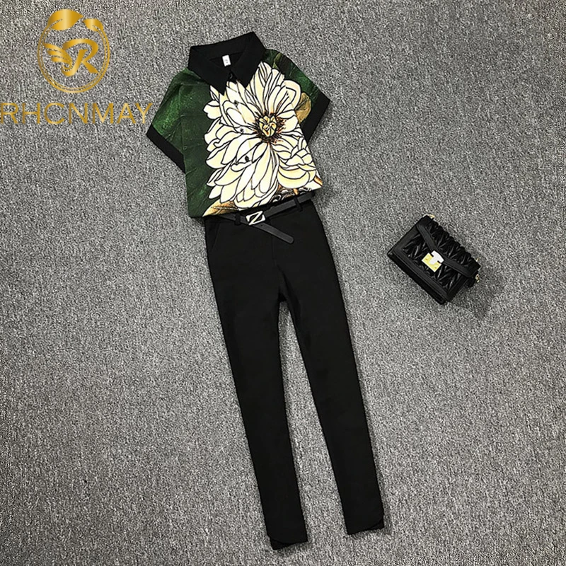 Women's Clothing 2020 summer Flower Printted Short Sleeve Shirt Blouse + Slim Ankle length Pants Suits Two piece Set Outfits cute pj sets