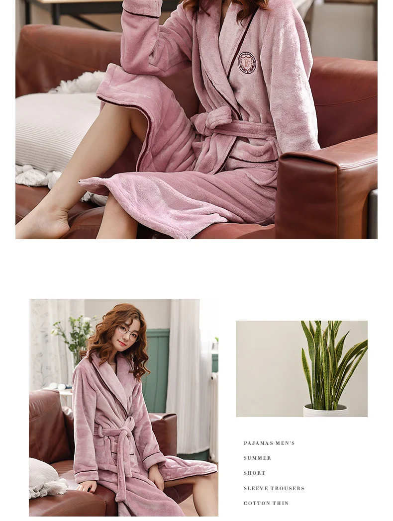 Розовый халат женский длинный рукав банный халат с поясом зимний теплый домашний халат с вышивкой значок минималистичный Женский Плюс Размер нижнее белье халат