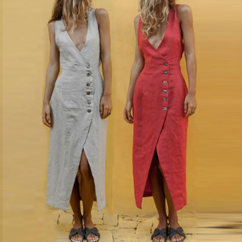 

Women Solid Dresses Sleeveless Casual V-Neck Button Split Hem Long Dress Spring Summer Femme Ladies Dresses Vestido