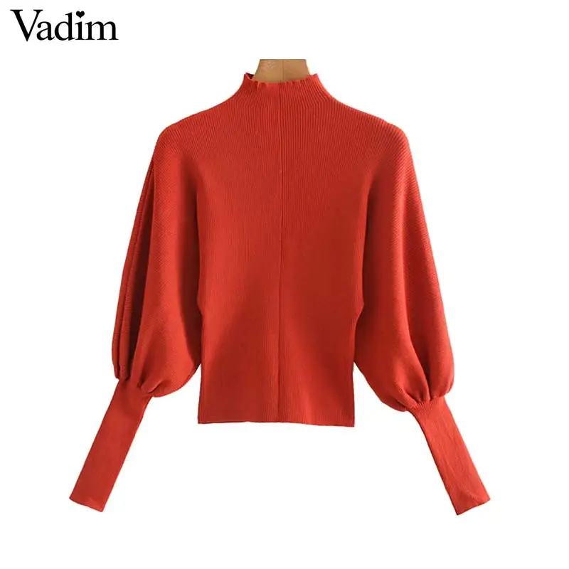 

Vadim women fashion turtleneck knitted thin sweater lantern sleeve stretchy slim fit pullovers female stylish solid tops HA512