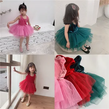 

Hot Sale Girls Princess Dress Western Style Baby Gold Velvet Vest Fluffy Lace Dress for Performance Girl Birthday Gifts