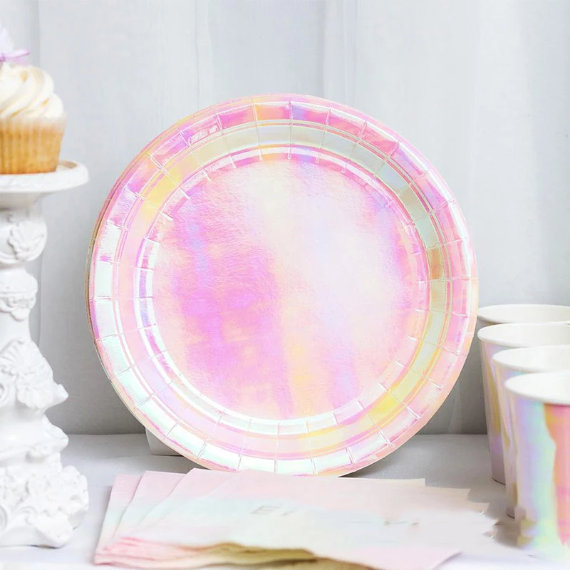 Rose Gold Disposable Tableware sets Paper Plates/cups/straws Iridescent Wedding Birthday Party Decor rainbow Dish Party Supplies