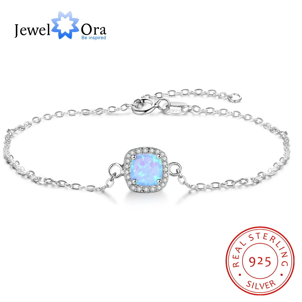JewelOra 925 Sterling Silver Square Created Blue Opal Bracelets with Cubic Zirconia Elegant Chain &amp Bangles for Women | Украшения и