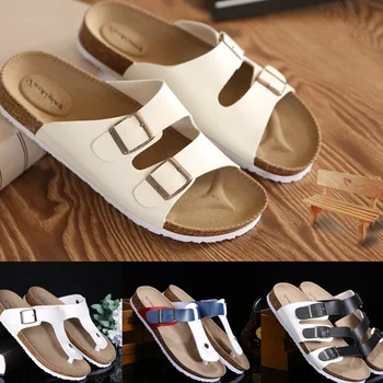 

New Summer Beach Cork Slippers Sandals Casual Double Buckle Clogs Sandalias Women men Slip on Flip Flops Flats Shoes 695