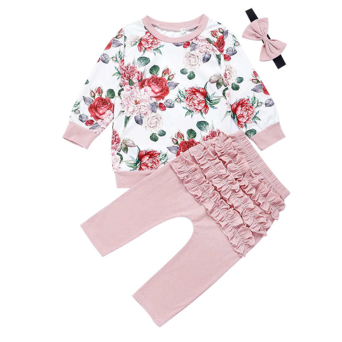 Осенняя одежда для маленьких девочек от 0 до 24 месяцев футболка с цветочным рисунком штаны с оборками, леггинсы комплект осенней одежды - Цвет: A