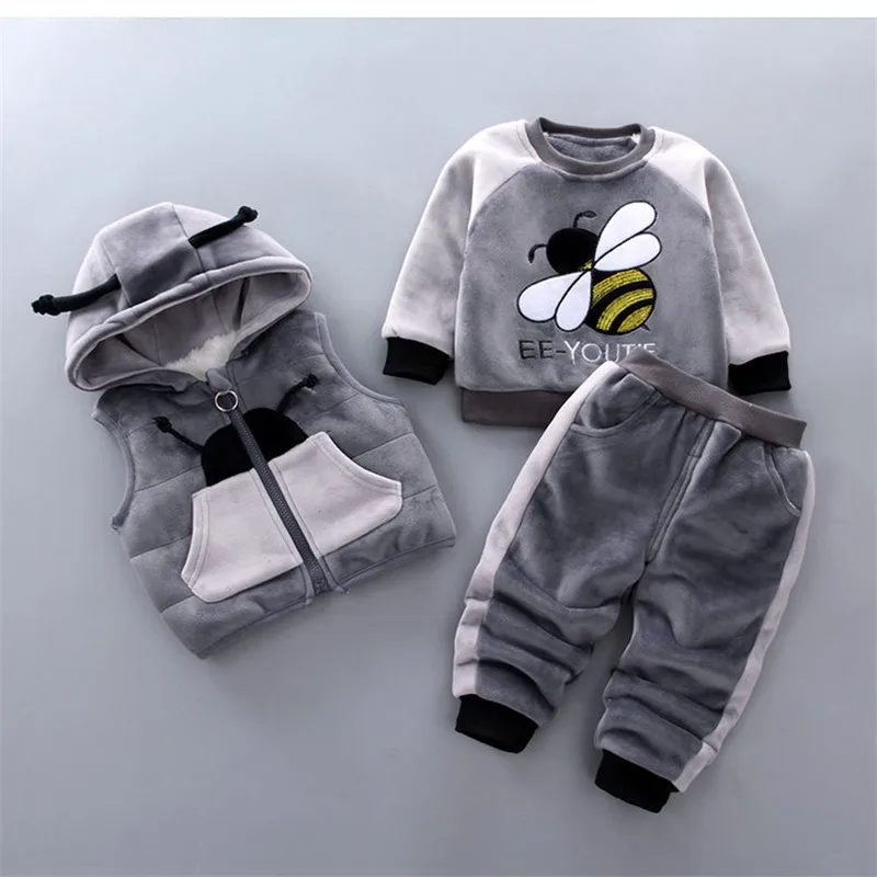 Baby boy clothes winter plus velvet thick three-piece children's warm cartoon dinosaur bear hooded sweater baby girl suit
