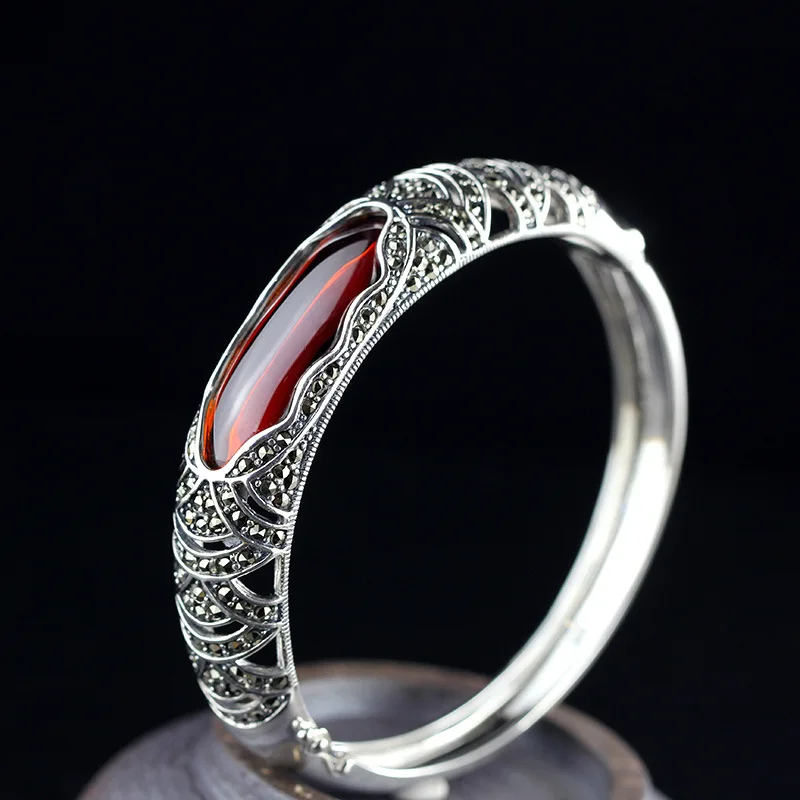 

MetJakt Women's Openwork Bracelet Fashion S925 Agate Garnet Chalcedony Bangles
