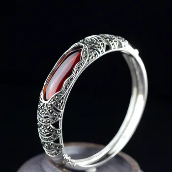 

MetJakt Women's Openwork Bracelet Fashion S925 Agate Garnet Chalcedony Bangles