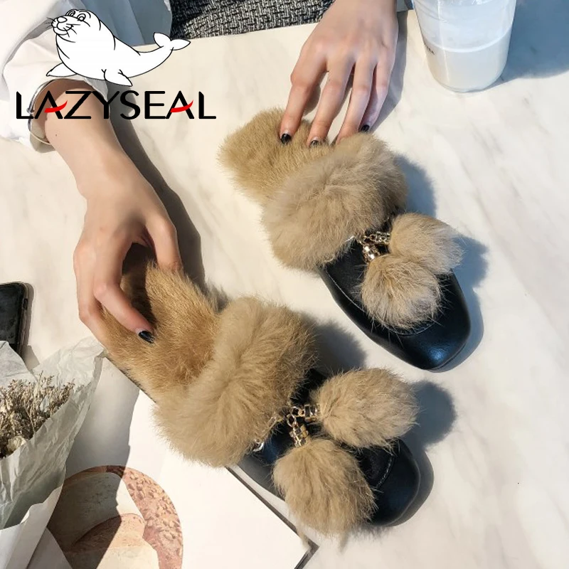 LazySeal/женские меховые тапочки с металлическими украшениями, бахромой и аппликацией; Сезон Зима; Коллекция года; женская домашняя обувь из натурального кроличьего меха; большой размер 44
