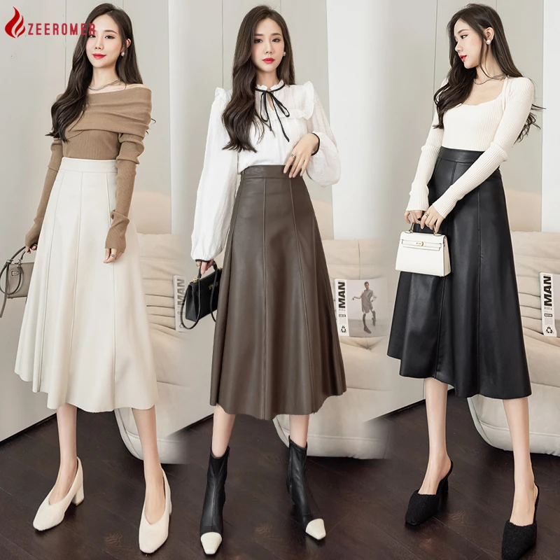 black mini skirt Pu Leather Half Umbrella Skirts 2022Autumn Winter High Waist Fashion Pure Color Soft High-End All-match OL Long Skirts Female black denim skirt