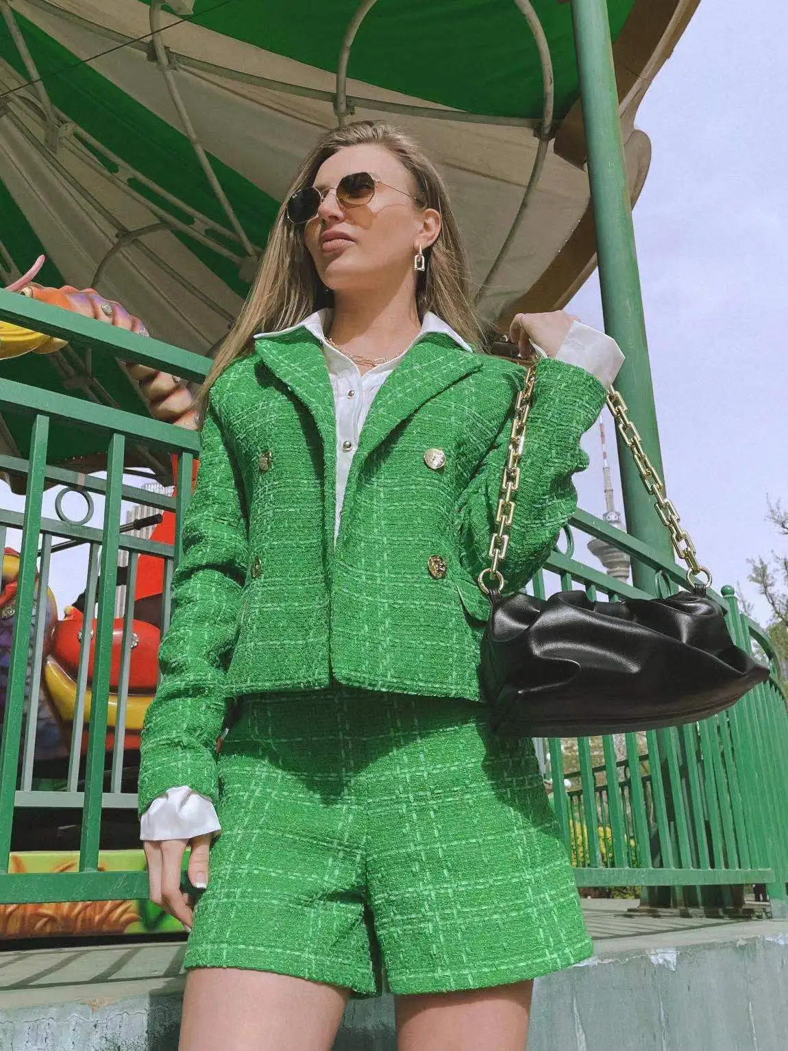 Abito da donna in tweed verde brillante, completo di giacca e pantaloncini,  abito da donna trend 2021 - AliExpress