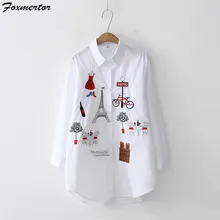 Cute Cartoon Embroidered White Shirt Autumn Women Blouse Embroidered Women Blouses Tops Loose Long Sleeve Shirt Blusas