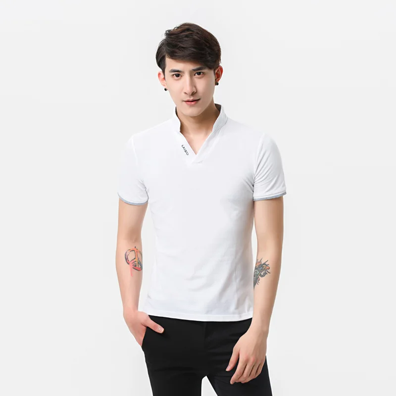 

2019 Men Stand Collar Polo Shirt Embroidery Lettered Solid Color Slim Fit Short-sleeved Shirt Sportsman Trend Plus-sized Menswea