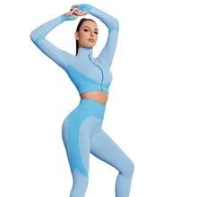 Women Seamless Yoga Sets 2Pcs Tracksuit Long Sleeve Zipper Top High Waist Leggings Sports Suits Workout Outfit Fitness Suits