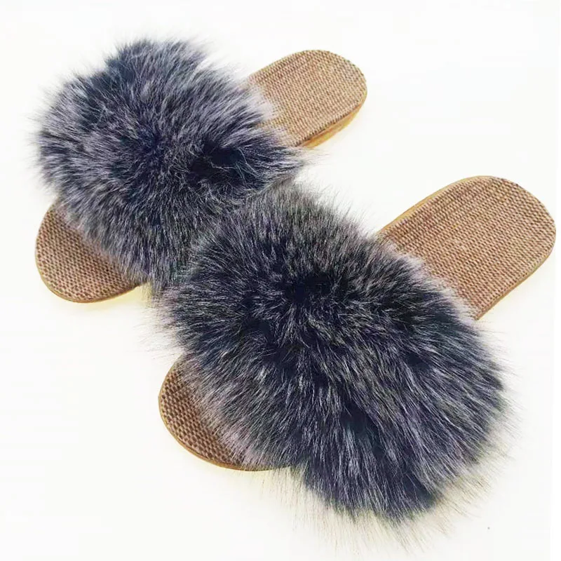 

Men Fox Fur Linen Slippers Indoor Furry Sneakers Men House Fox Hair Fluffy Sandals Unisex House Fur Slides Raccoon Fur Home Shoe