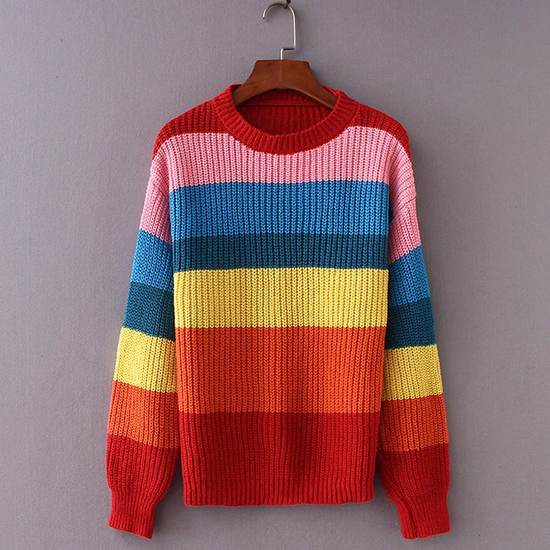2019 Women's Sweater Rainbow Color Block Striped Sweaters and Pullovers Jumper Long Sleeve Knitwear Knitted WZL1541 | Женская одежда