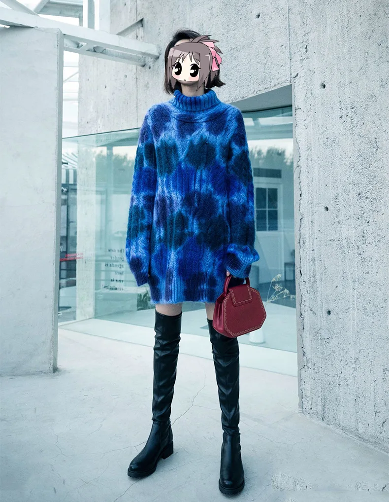 

Blue Tie-dye High-necked Loose-fitting Lazy Midi Fur Sweater Trendy Women 2019 Turtleneck Pullovers Women Sweater